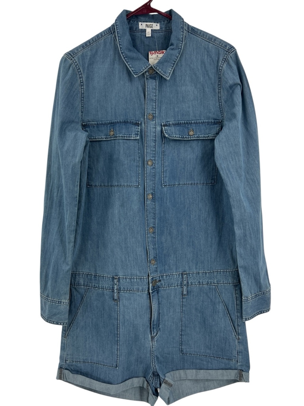 PAIGE Denim Jackson Playsuit Romper utilitarian, medium-wash long sleeve SZ M